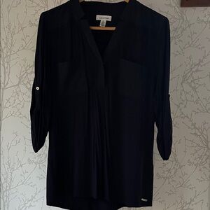 Calvin Klein Black V-Neck Roll-Tab Sleeve Blouse